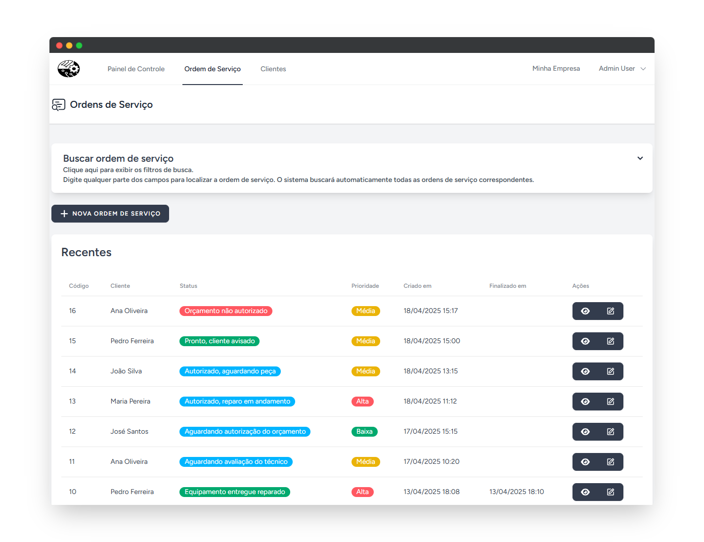 Imagem da listagem de ordem de serviços do sistema TECH OS