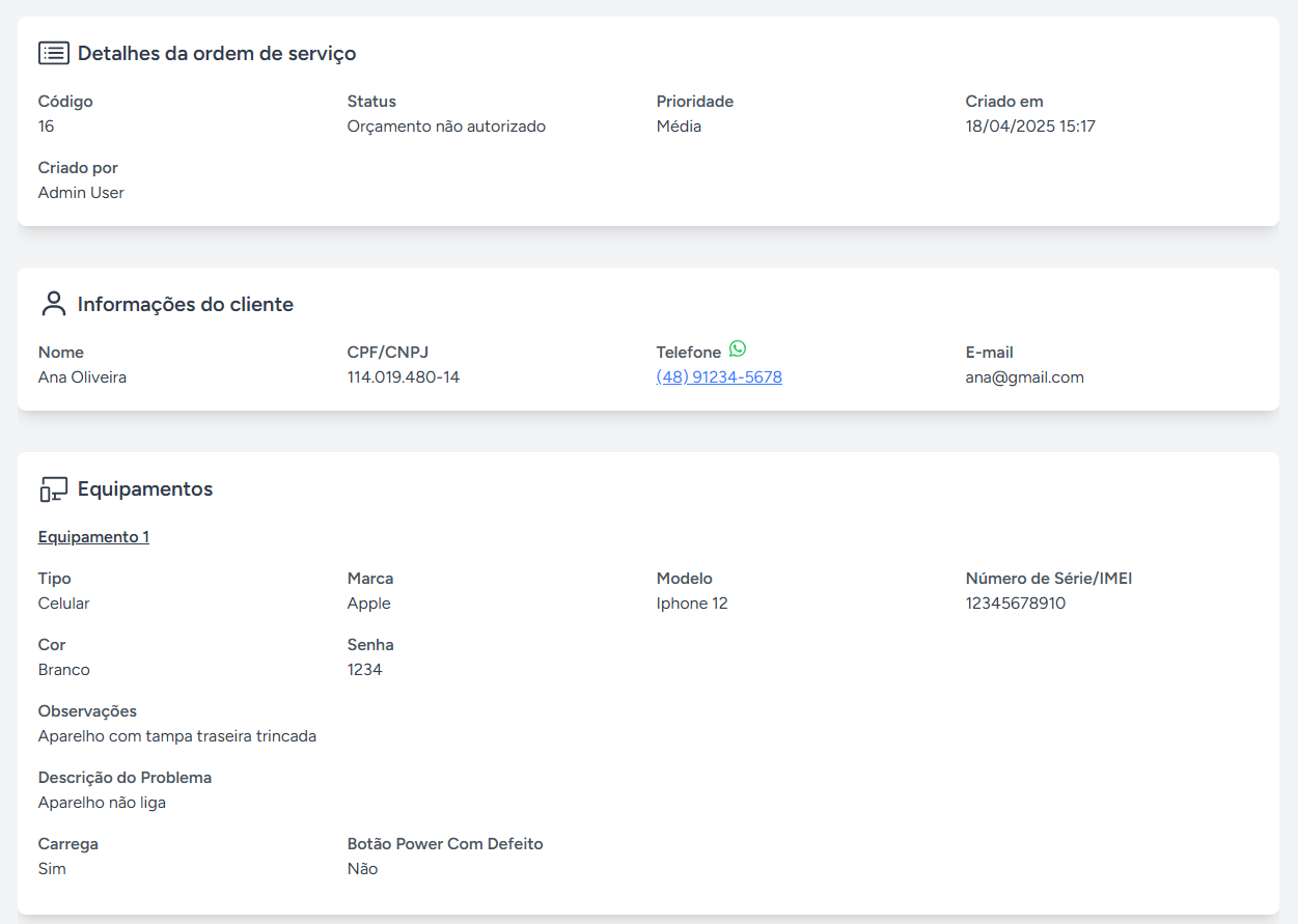 Imagem da tela de visualização de uma ordem de serviço